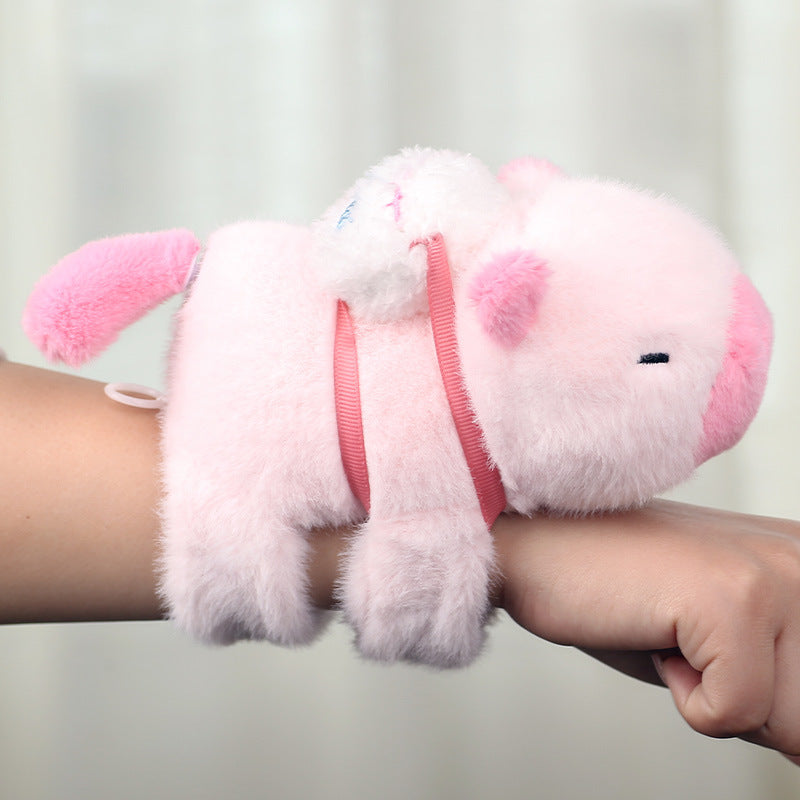 Cute Capybara Plush Slap Bracelet – Pink Animal Wristband Toy with Wagging Tail