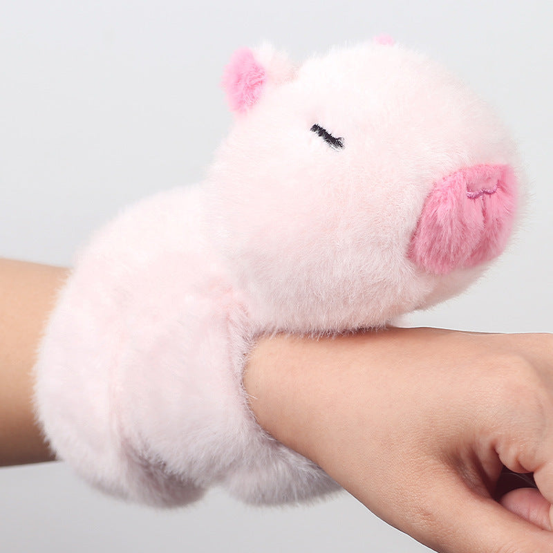 Cute Capybara Plush Slap Bracelet – Pink Animal Wristband Toy with Wagging Tail