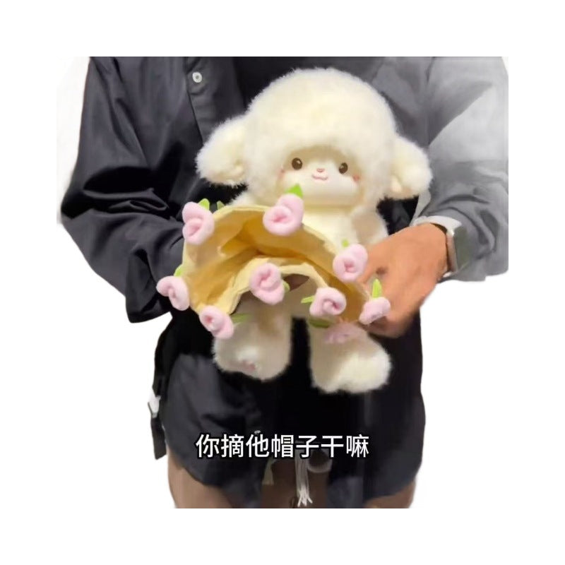 Rose Lamb Plush Toy – Cute Sheep Stuffed Animal with Removable Rose Hat & Gift Bouquet