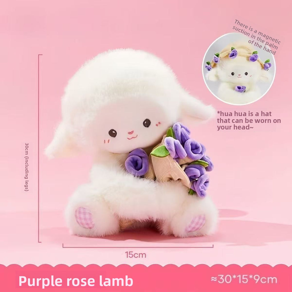 Rose Lamb Plush Toy – Cute Sheep Stuffed Animal with Removable Rose Hat & Gift Bouquet